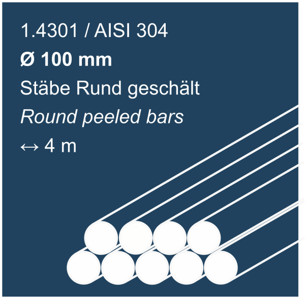 Edelstahlstäbe rund geschält aus 1.4301 (304), 100mm Durchmesser, 4000 mm lang, auf dunkelblauem Hintergrund abgebildet